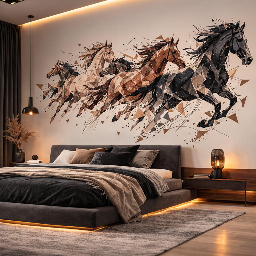 Artystyczny mural z biegnącymi końmi w sypialni premium